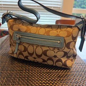 Coach Tan and Blue Signature Shoulder Bag